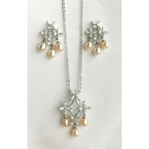 Silver CZ freshwater pearl necklace set Chandelier Earrings set 🆕